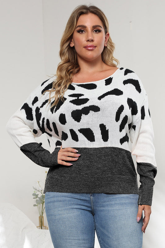 Plus Size Leopard Round Neck Long Sleeve Sweater